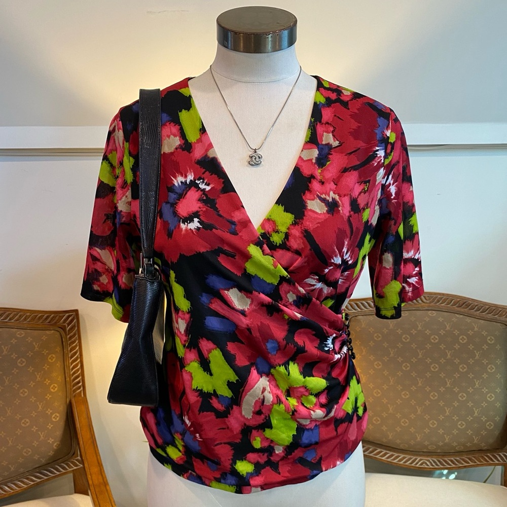 Kasper Vintage 90s Y2K Multicolor Pink Floral Wrap Blouse, Fairycore